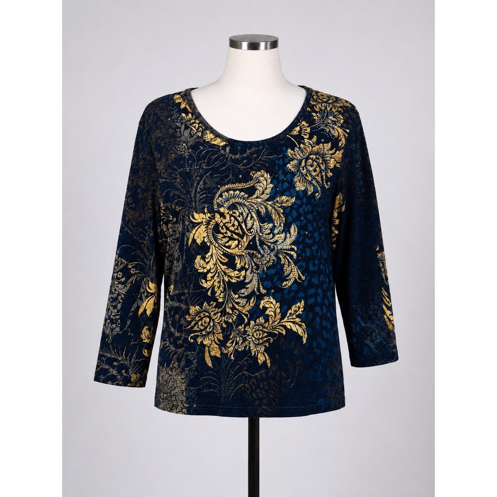 Onque Casual Womens XL Blue Gold Paisley Leopard Print Rhinestone 3/4 Sleeve Top